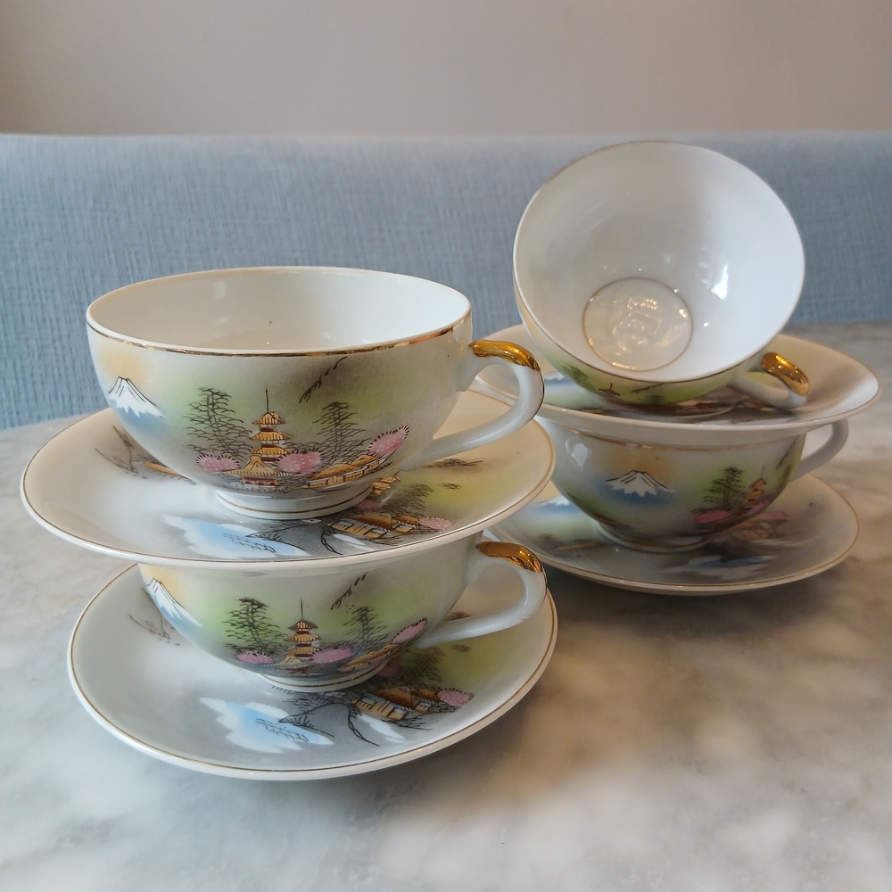 Set of 4 Vintage Lithophane Geisha Japanese Teacups & Saucers